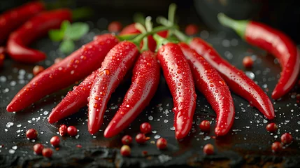 Fensteraufkleber Cayenne red hot chili peppers on a black stone table.  © Andrea Raffin