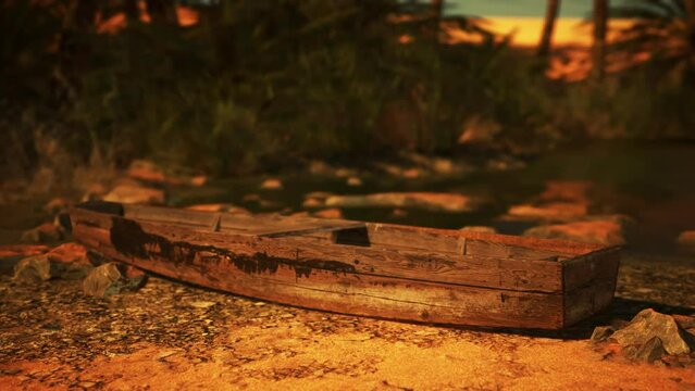 Wooden Boat Resting On A Rustic Dirt Field, 3D Render