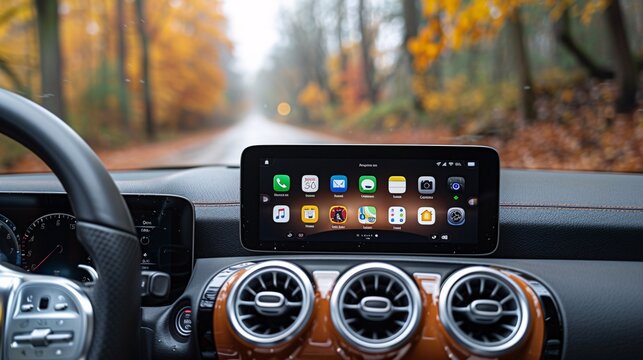 an image showcasing the interface of a car stereo with both Apple CarPlay and Android Auto, with a minimalist aesthetic and bright backdrop