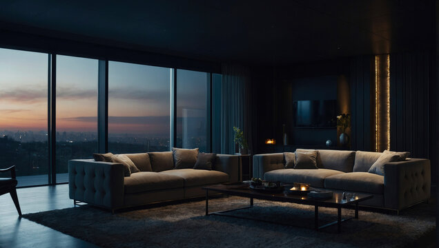 elegant modern apartment with sofa and a large television hanging on the wall and a large panoramic window