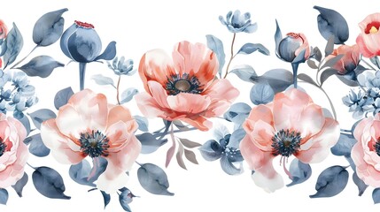 Watercolor painted floral seamless border of pastel pink, dark gray, blue buds, poppy, rose, peony, wild flowers, leaves, branches. Hand drawn illustration. Watercolour artistic drawing