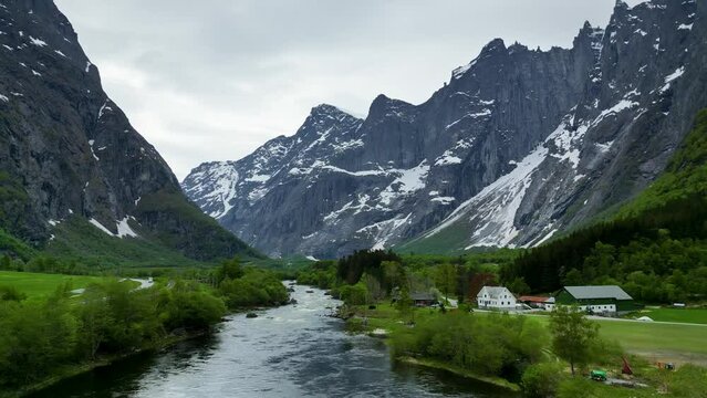 Trollveggen Troll Wall in Romsdalen Valley, Rauma, Norway. Trolltindene Troll Peeks Mountain range