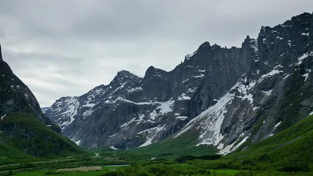 Trollveggen Troll Wall in Romsdalen Valley, Rauma, Norway. Trolltindene Troll Peeks Mountain range