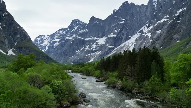 Trollveggen Troll Wall in Romsdalen Valley, Rauma, Norway. Trolltindene Troll Peeks Mountain range