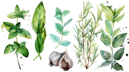 watercolor sketch clipart beautiful kitchen herbs  - obrazy, fototapety, plakaty