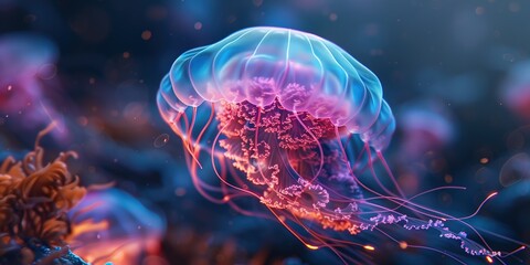 Obraz premium Closeup of Several Beautiful Moon Vibrant Bioluminescent Pink Jellyfish