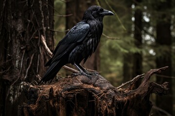 Majestic Raven on old stump. Nature avian fly beak forest. Generate Ai