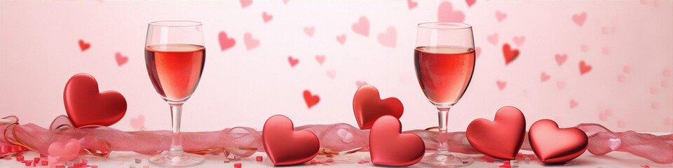 Fototapeta na wymiar Two glasses of red wine with red heart-shaped ornaments on a pink background.