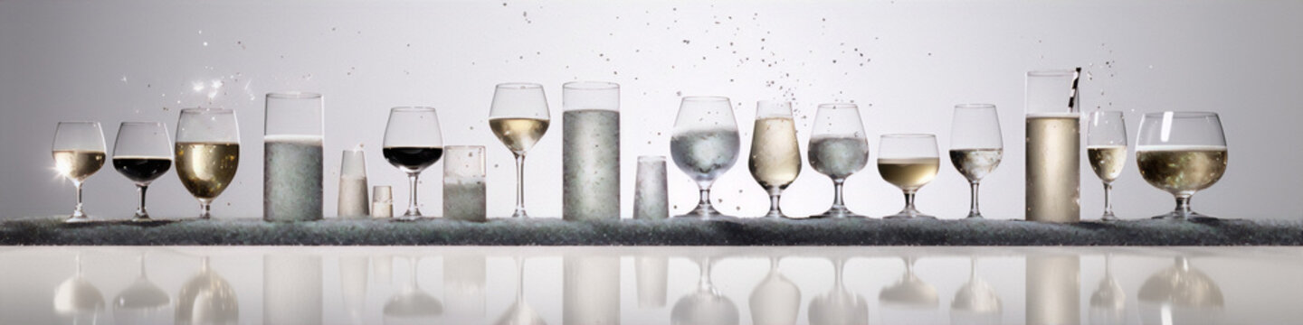 Various wine glasses with silver glitter on a reflective surface.