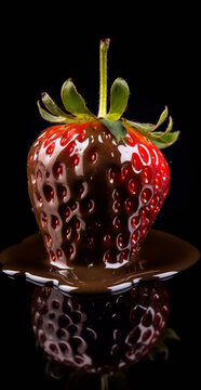Close-up image of a single chocolate-covered strawberry against a black back ground.