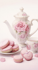 Pink and white porcelain teapot and teacup with pink macarons and rose petals on a white background.