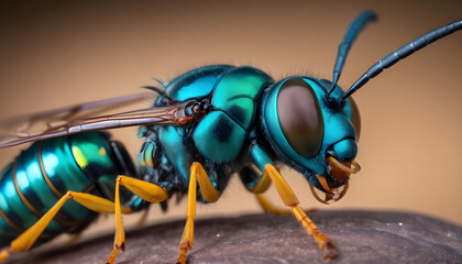 Fototapeta premium Close up of a bug with a blue and green face portrait of an alien insect