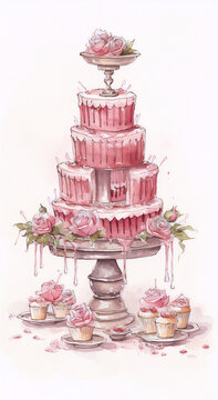 Watercolor painting of a pink wedding cake with cupcakes and roses.