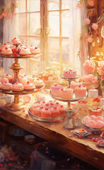Pink and white cupcakes and cakes on a table near a window with pink flowers and a pink curtain.