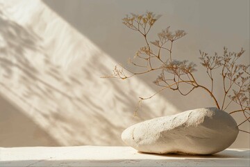 A minimalistic product display featuring a textured white rock, with delicate branches of dried flowers. The background is a soft cream color that creates an elegant and tranquil atmosphere. - 762305249