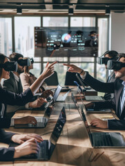 Fototapeta na wymiar Geschäftsleute mit VR-Headsets bei einer interaktiven Teamsitzung im Büro, Business people with VR headsets at an interactive team meeting in the office