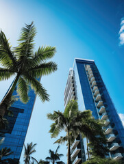 Naklejka premium Modern Buildings Amidst Tropical Palm Trees