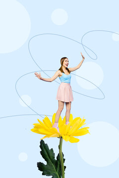 Trend composite artwork image 3d collage photo of young happy silhouette young lady stand on huge yellow daisy spring season inspiration
