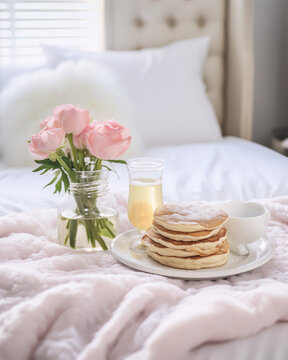 Still life of a breakfast in bed with pancakes, flowers and juice in a soft pink color scheme.