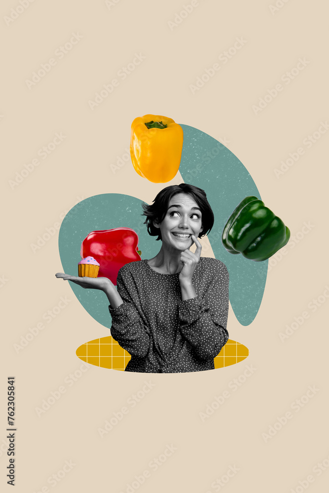 Sticker photo collage artwork minimal picture of dreamy lady choosing healthy or unhealthy food isolated bei