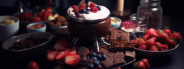Still life of a chocolate fondue with fresh fruits and colorful sprinkles in dark moody lighting. - obrazy, fototapety, plakaty
