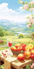 Foto op Aluminium Still life with a glass of red wine, a basket of apples and cherries on a wooden table against a landscape with mountains and a lake in the background. © slawatchisherazad