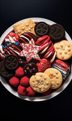 Colorful patriotic dessert platter, red, white, and blue treats.
