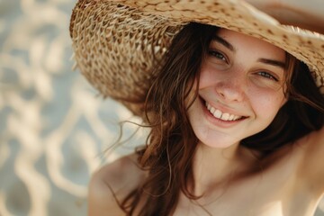 Glowing Seaside Serenity: Woman with Straw Hat Smiling - Generative AI - 762306620