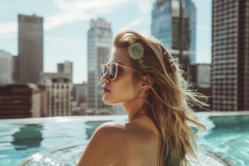 Urban Oasis: Chic Woman Unwinding by Sleek Pool with Cityscape - Generative AI
