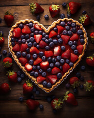 Heart-shaped fruit tart, filled with strawberries and blueberries.
