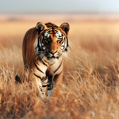 African tiger in the Savannah, wild copy space 