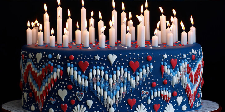 Celebration cake with red white and blue frosting and candles