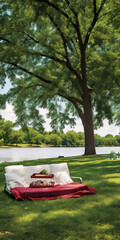 Relaxing outdoor scene with a chaise lounge under a large tree.