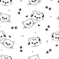 Cute Dogs and Cats Seamless Pattern. Black and White Pattern of Line Art Cat and Dog Faces for baby design. Vector illustration