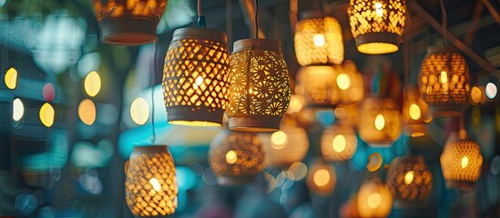 An array of lanterns, crafted from metal and glass, illuminate the event venue with electric blue light, creating a stunning art installation in the city - obrazy, fototapety, plakaty