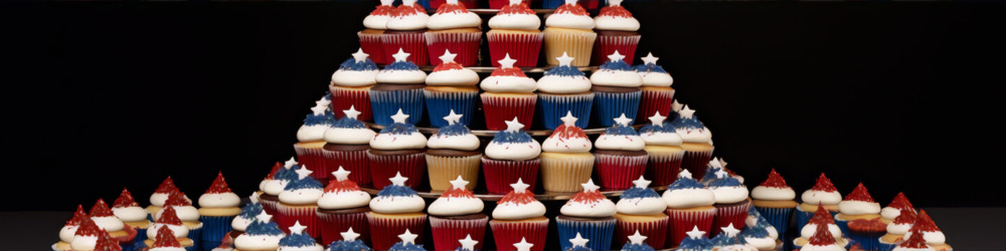 A patriotic image of a large number of red, white and blue cupcakes arranged in a pyramid shape against a black background.