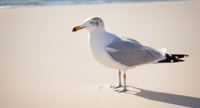 Seagull standing on a sand with the footprints