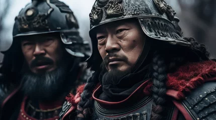 Foto op Plexiglas The faces of generals during the Chinese dynasty A small piece of red armor topped with a general's helmet. And a man with a slight beard stood on a wall of snow. © suteeda