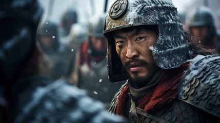 Tuinposter The faces of generals during the Chinese dynasty A small piece of red armor topped with a general's helmet. And a man with a slight beard stood on a wall of snow. © suteeda