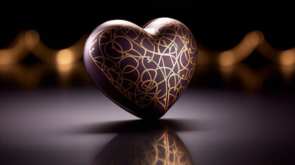 Still life of a heart-shaped candy with golden pattern on a dark background - obrazy, fototapety, plakaty