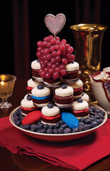 Still life of a 4 tiered petit four tower with red white and blue frosting and blueberries and grapes