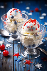 Patriotic ice cream treats in red, white, and blue.
