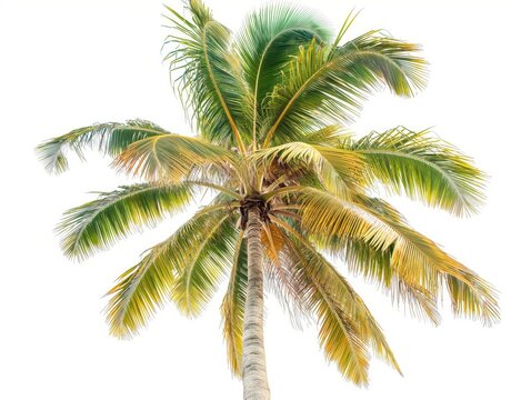 A vivid green and yellow palm tree isolated against a clear white background, symbolizing tropical climate and travel.