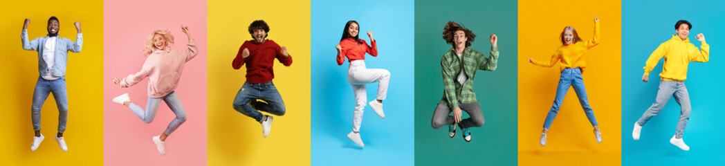 Collage with positive multiracial young people jumping on colorful studio backgrounds
