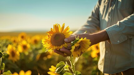 An agronomist examining sunflower fields, with sunflowers in their hands