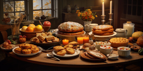A table laden with various baked goods and desserts.
