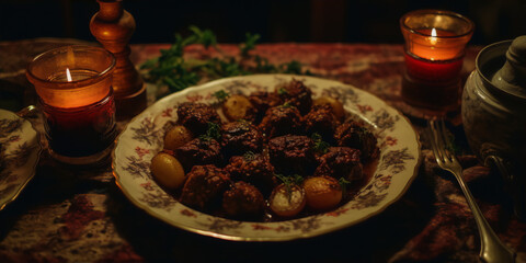 Stewed meat and potatoes in a vintage dish.
