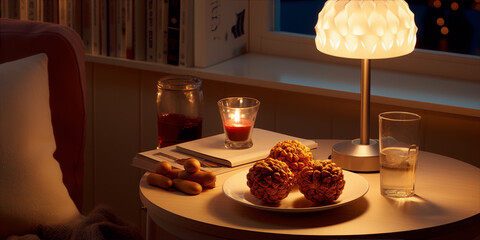 Warm lighting illuminates a cozy table setting.