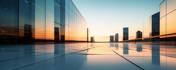 Modern Business District at Sunset with Skyline Reflections - obrazy, fototapety, plakaty
