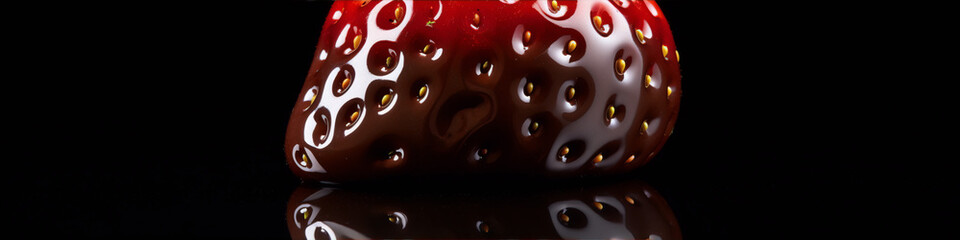 Close-up of a single strawberry dipped in dark chocolate on a black background.